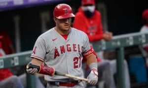 Los Angeles Angels center fielder Mike Trout (27) in the first inning of a baseball game