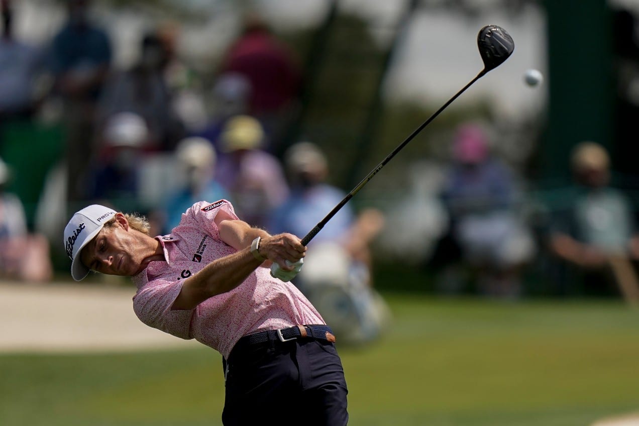 Will Zalatoris tees off on the seventh hole during the final round of the Masters golf tournament