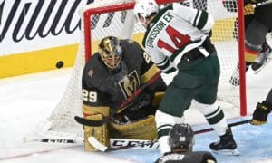 Vegas Golden Knights goaltender Marc-Andre Fleury (29) defends