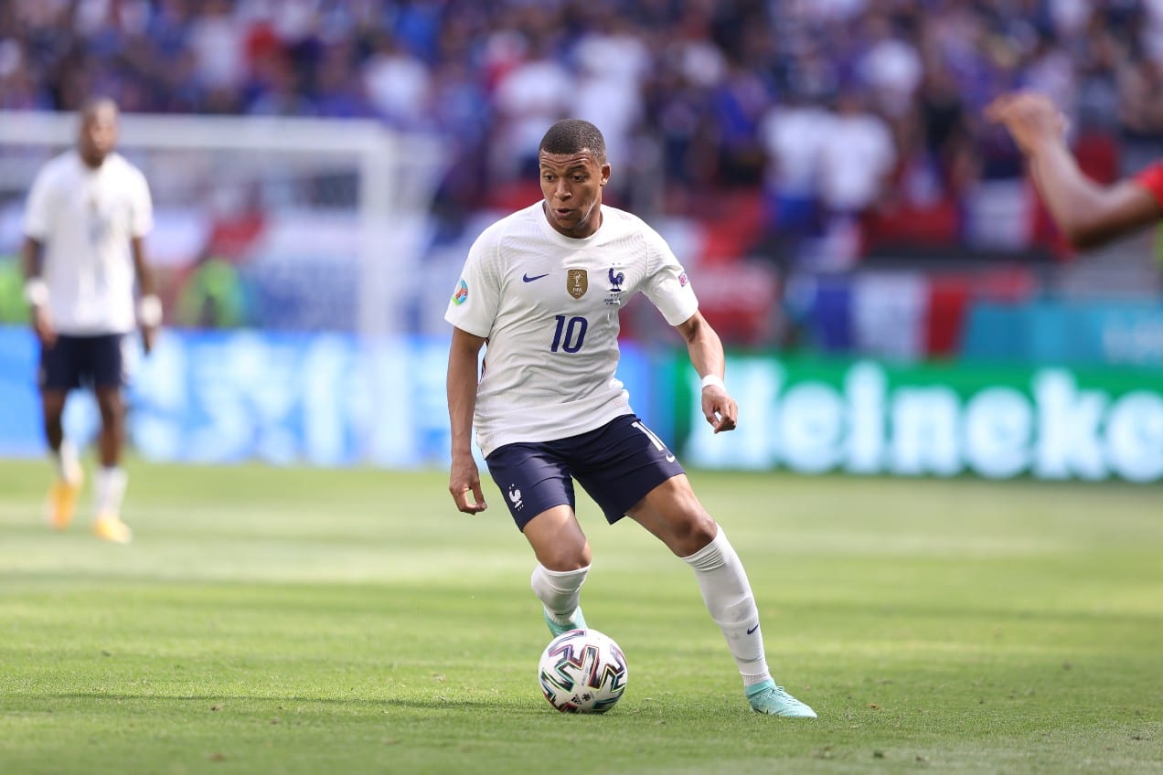 France's Kylian Mbappe goes for the ball during the Euro 2020 soccer championship