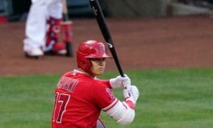 Los Angeles Angels' Shohei Ohtani takes a practice swing