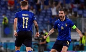 Italy's Ciro Immobile, left, celebrates with teammate Leonardo Bonucci