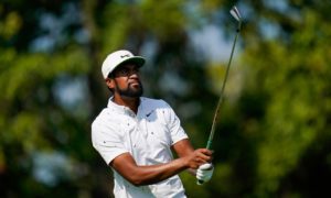 Tony Finau tees off on the 13th hole during the ProAm