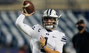 BYU quarterback Zach Wilson (1) warms up before an NCAA college football game
