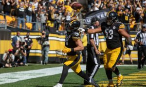 Pittsburgh Steelers tight end Pat Freiermuth (88) celebrates after catching a touchdown pass