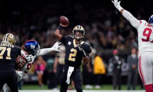 New Orleans Saints quarterback Jameis Winston (2) passes in the first half of an NFL football game