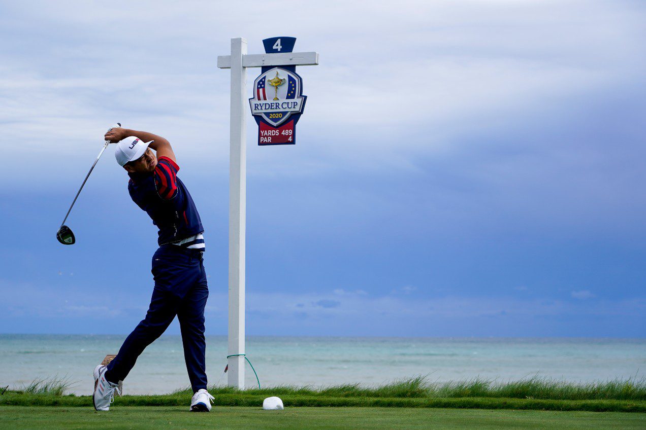 Team USA's Xander Schauffele hits on the fourth tee during a practice day
