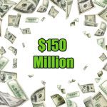 A bunch of money surrounding the text $150 million, which WV online casinos are expected to surpass in 2023 revenue