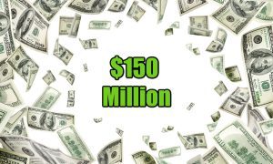 A bunch of money surrounding the text $150 million, which WV online casinos are expected to surpass in 2023 revenue