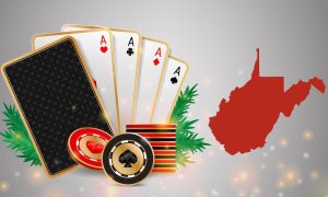 Holiday-themed cards with WV outline for story on top holiday slots at WV online casinos