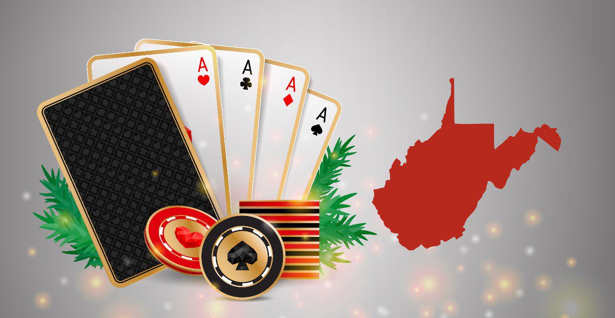 Holiday-themed cards with WV outline for story on top holiday slots at WV online casinos