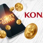 Phone with triple 7s and coins emerging from it next to logo for Konami, which was approved to bring its games to WV online casinos