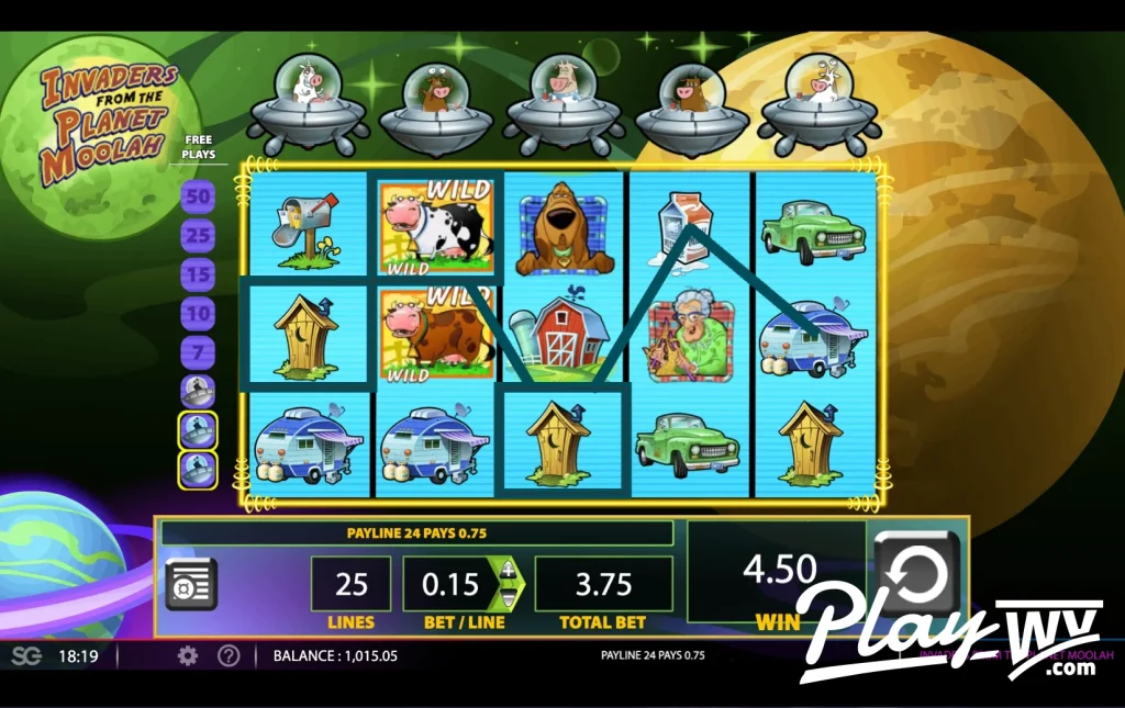 Win screen from the Invaders From the Planet Moolah slot game