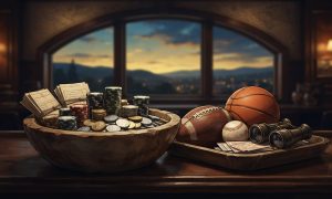 A wooden bowl filled with stacks of gambling chips and papers sits next to a tray holding a football, basketball, baseball, and binoculars.