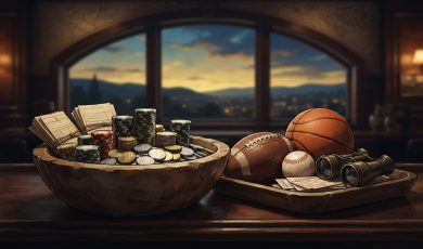 A wooden bowl filled with stacks of gambling chips and papers sits next to a tray holding a football, basketball, baseball, and binoculars.