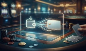A glowing holographic graphic showing funds transferring from a digital wallet to a credit card above a gaming table with chips and cards.