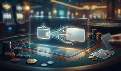 A glowing holographic graphic showing funds transferring from a digital wallet to a credit card above a gaming table with chips and cards.