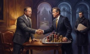 Two businessmen in suits shake hands over a table laden with stacks of poker chips, while a third man in a dark coat stands nearby.