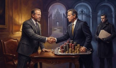 Two businessmen in suits shake hands over a table laden with stacks of poker chips, while a third man in a dark coat stands nearby.