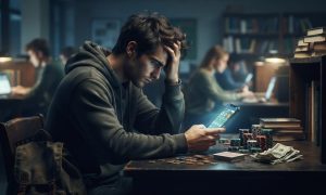 A stressed student sits at a library desk with poker chips, a deck of cards, and money, looking at a smartphone screen.