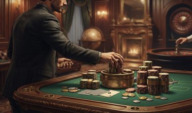 A man in a suit standing at a green gambling table piled with chips and playing cards inside an elegant, wood-paneled room.