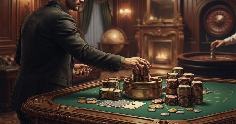 A man in a suit standing at a green gambling table piled with chips and playing cards inside an elegant, wood-paneled room.