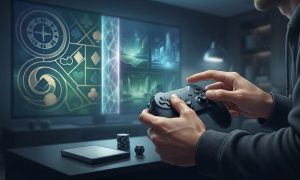 A person plays a video game with a controller while looking at a large television screen displaying abstract casino-themed imagery.