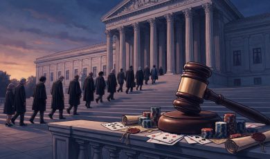 A gavel and poker chips rest on a stone ledge in the foreground while figures in judicial robes walk up the steps to a courthouse.