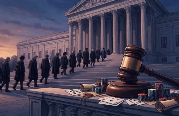 A gavel and poker chips rest on a stone ledge in the foreground while figures in judicial robes walk up the steps to a courthouse.