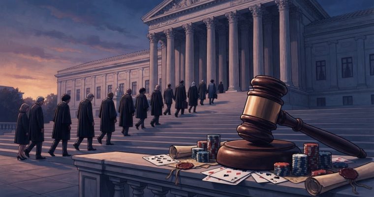 A gavel and poker chips rest on a stone ledge in the foreground while figures in judicial robes walk up the steps to a courthouse.