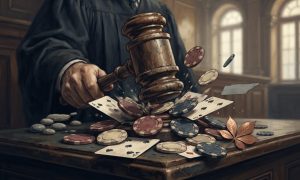 A judge strikes a gavel onto a desk scattered with playing cards and casino chips, with a small cutout map of Tennessee nearby.