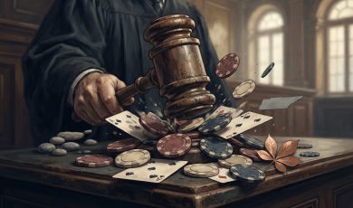 A judge strikes a gavel onto a desk scattered with playing cards and casino chips, with a small cutout map of Tennessee nearby.