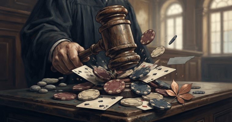 A judge strikes a gavel onto a desk scattered with playing cards and casino chips, with a small cutout map of Tennessee nearby.