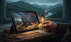 A person holds a golden coin while sitting at a table with a tablet displaying the Iron Throne from Game of Thrones.