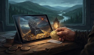 A person holds a golden coin while sitting at a table with a tablet displaying the Iron Throne from Game of Thrones.