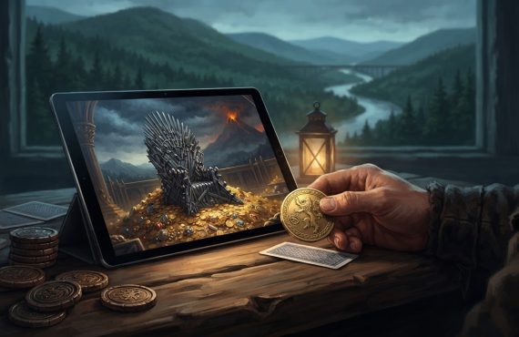 A person holds a golden coin while sitting at a table with a tablet displaying the Iron Throne from Game of Thrones.