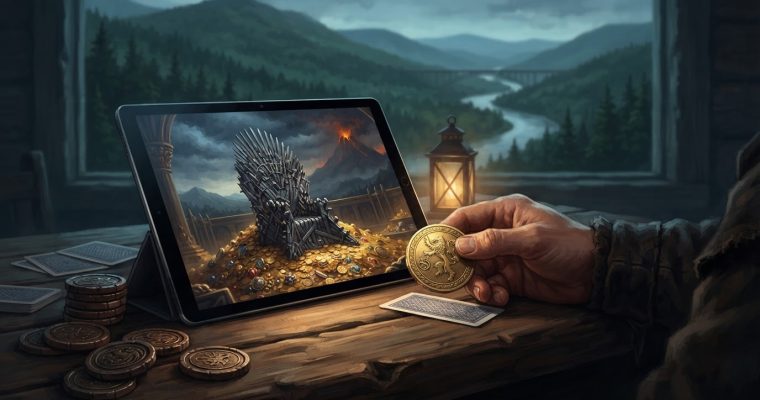 A person holds a golden coin while sitting at a table with a tablet displaying the Iron Throne from Game of Thrones.