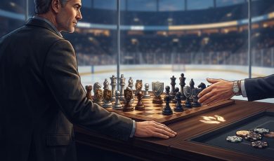 Two men in suits play chess on a table inside a hockey arena, with poker chips placed on the side.