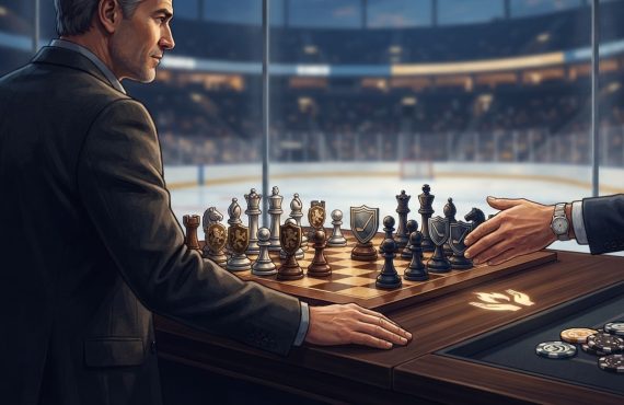 Two men in suits play chess on a table inside a hockey arena, with poker chips placed on the side.