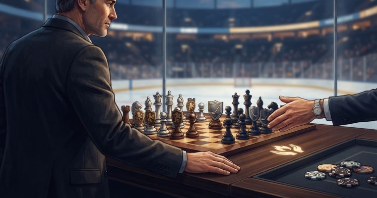 Two men in suits play chess on a table inside a hockey arena, with poker chips placed on the side.