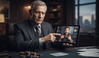 A distinguished man in a suit sits at a desk with playing cards and chips, pointing at a tablet screen displaying a video of another person.