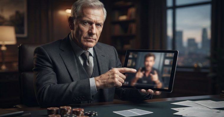 A distinguished man in a suit sits at a desk with playing cards and chips, pointing at a tablet screen displaying a video of another person.