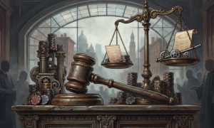 A gavel sits on a desk surrounded by stacks of casino chips, positioned in front of a pair of golden scales balancing legal documents and mechanical gears.