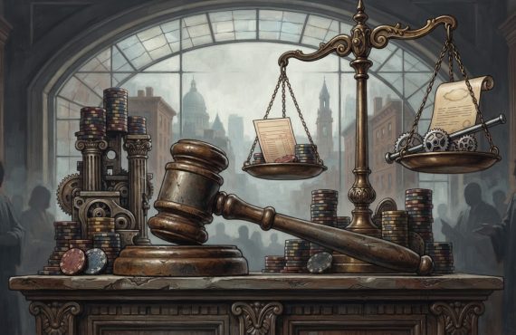A gavel sits on a desk surrounded by stacks of casino chips, positioned in front of a pair of golden scales balancing legal documents and mechanical gears.
