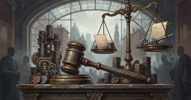 A gavel sits on a desk surrounded by stacks of casino chips, positioned in front of a pair of golden scales balancing legal documents and mechanical gears.