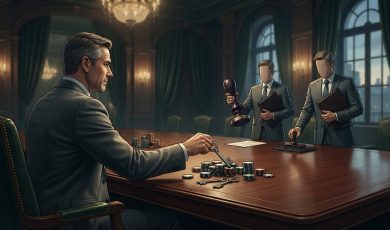 A man in a suit sits at a boardroom table with piles of casino chips and keys while two faceless men stamp documents.