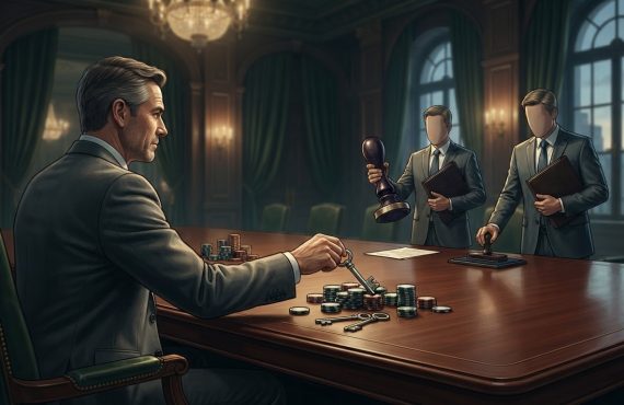 A man in a suit sits at a boardroom table with piles of casino chips and keys while two faceless men stamp documents.