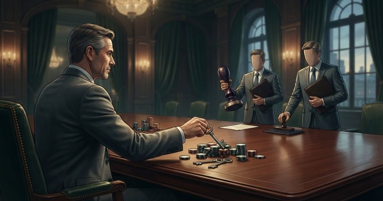 A man in a suit sits at a boardroom table with piles of casino chips and keys while two faceless men stamp documents.