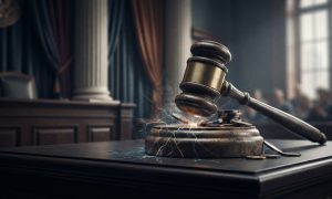 A wooden gavel strikes a wooden base surrounded by scattered gambling chips in a courtroom setting.