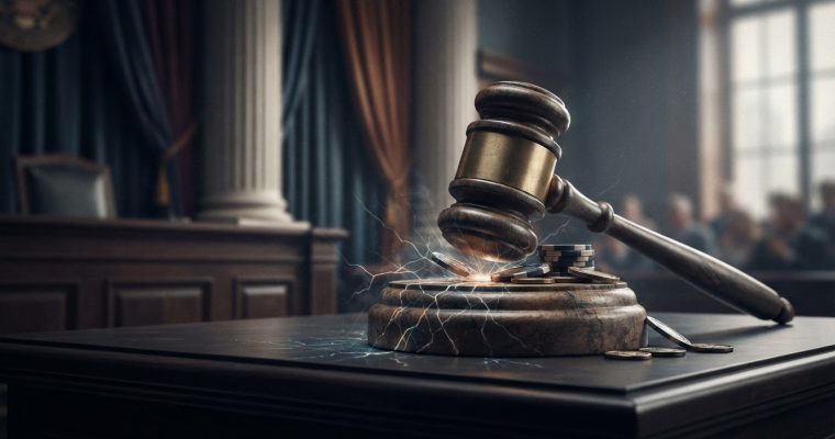 A wooden gavel strikes a wooden base surrounded by scattered gambling chips in a courtroom setting.